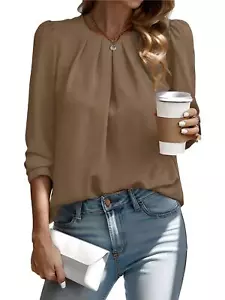 Womens Tops Casual Pleated Crew Neck Long Sleeve Shirts Chiffon Blouses NEW - Picture 1 of 14