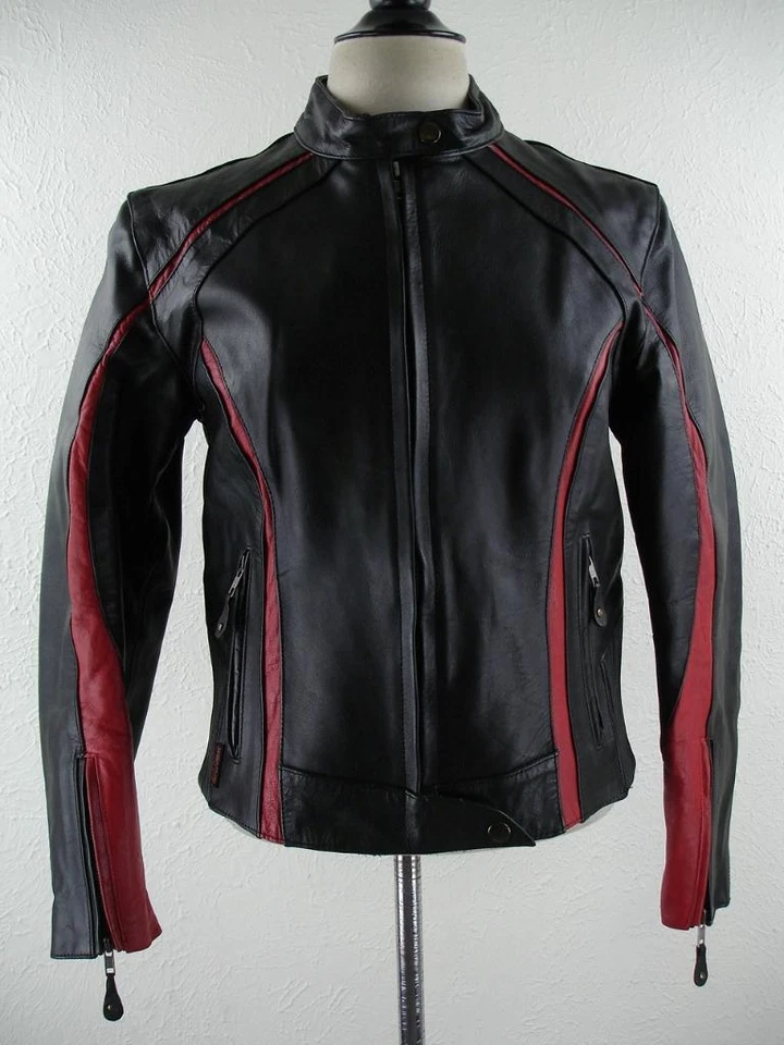 Women's M HOT Leathers Black Red Leather Motorcycle Jacket Cafe Racer Biker Moto - Image 1 of 4