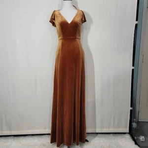 After Six Golden Almond Lux Velvet Flutter Sleeve Maxi Dress With Pockets Size 0 - Picture 1 of 10
