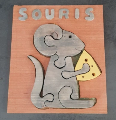 Jeux en bois fait main en France - Puzzles animaux - Souris et son fromage - Photo 1/2