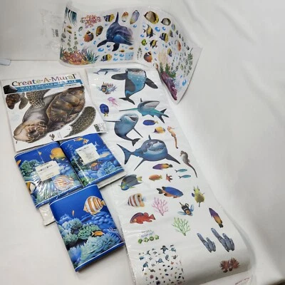 Ocean Life Wall Decals Shark Whale Turtle Dolphin Fish Peel & Stick Wall Set - Image 1 of 4