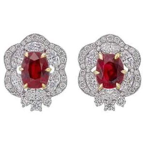 Simulated 1.48CT Pigeon Blood Ruby & White Sapphires Floral Design Stud Earrings - Picture 1 of 7