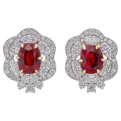Simulated 1.48CT Pigeon Blood Ruby & White Sapphires Floral Design Stud Earrings - Image 1 of 4