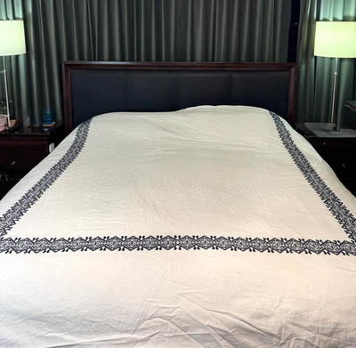 Pottery Barn White Linen / Cotton King Duvet Cover w/ Navy Embroidering - Image 1 of 4