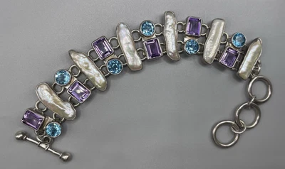 Pulsera Charles Albert Plata de Ley Perla Biwa, Amatista y Topacio Azul 8.5" Foto 1 de 4