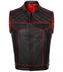 Men's Black Leather Vest Diamond Motorbike Motorcycle Red Concealed Waistcoat - Bild 1 von 6