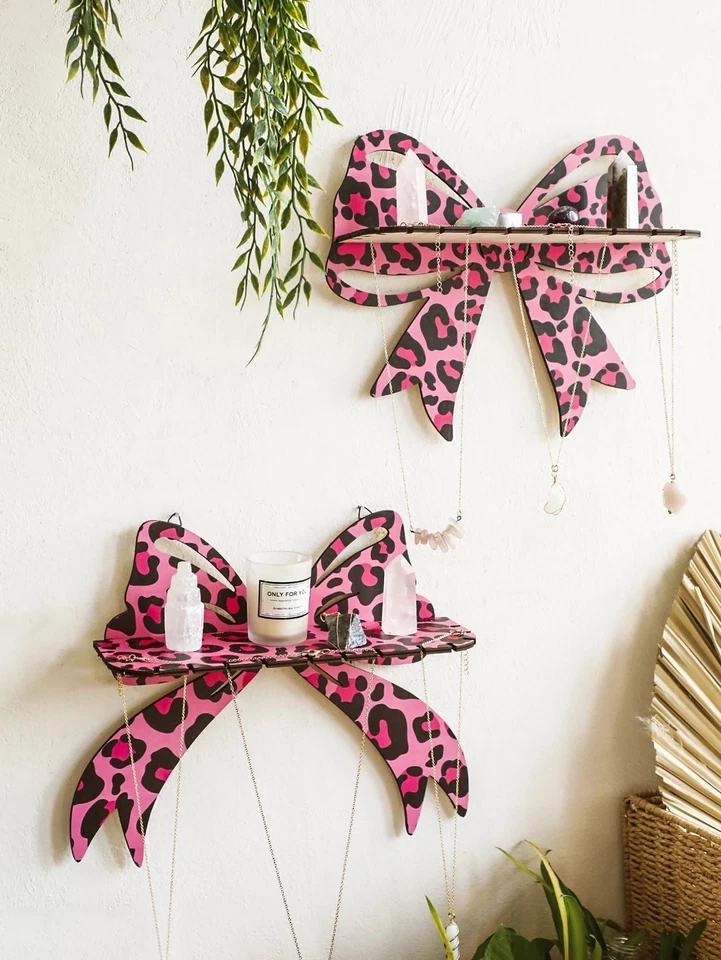 Pink Bow Leopard Floating Wall Shelf Girls Room Decoration Storage Rack - Image 1 of 4