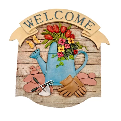 3D Garden Watering Can Welcome Sign Plaque Flowers Tools Rustic Decor - Image 1 of 4
