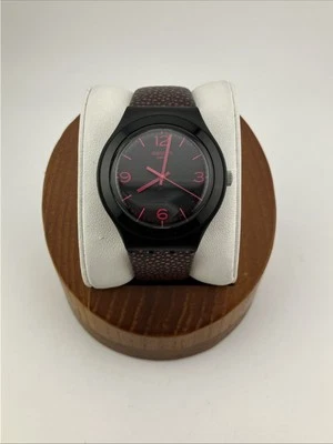 Swatch Ladies 37mm Watch PINK DROPS Black Pink Dots Leather Band YGB4005 - RUNS - Image 1 of 4
