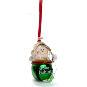 Gone Fishin' Christmas Jingle Bell Schneemann Ornament Top Zustand 2,25 Zoll groß - Bild 1 von 3