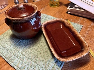 Vintage Rumpf: 2 seltene Brote/Obst rechteckig. Tablett und Bohnentopf, braun mit Tropfglasur - Bild 1 von 7