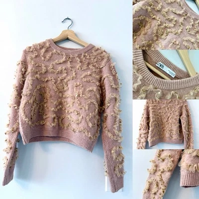 ZARA Beige Abstract Tulle Sequin Glitter Decorative Sweater Size Medium Ruffle - Image 1 of 4