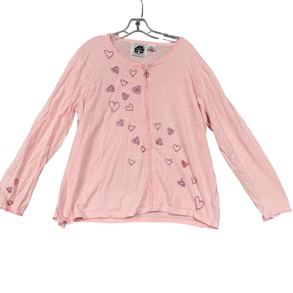 Suéter de punto Storybook para mujer 2X cárdigan rosa con cremallera lentejuelas corazones San Valentín Foto 1 de 4