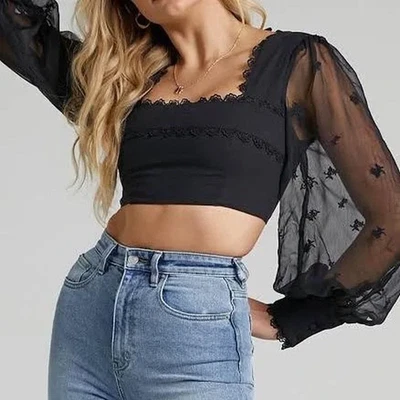 Seven Wonders Revolve Black Sheer Sleeve Crop Top Blouse Size Large - Image 1 of 4