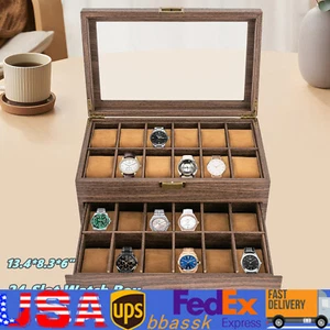 24 Slot Men Watch Box Display Case Organizer Show Box Jewelry Storage 2-Tiers US - Picture 1 of 15