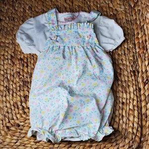 Vintage Health-Tex 2 Piece Picnic Flowers Hearts Buttons Romper Cross Back 9M - Picture 1 of 9