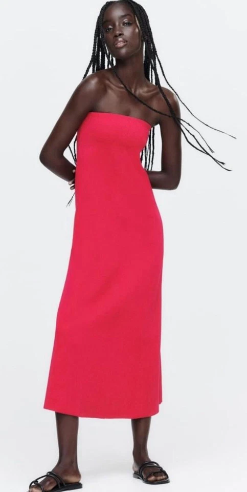 ZARA Strapless Fuchsia Knit Maxi Dress 6873/013/630 Size S