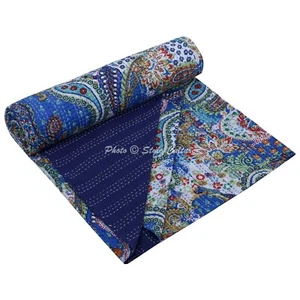 Embroidery Single Kantha Quilt Bedspread Throw Cotton Blue Boho Gypsy Blanket - Picture 1 of 6