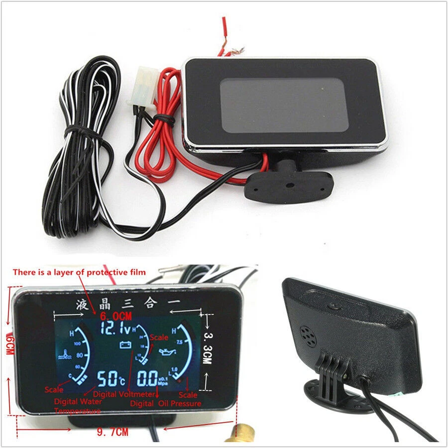 Medidor de presión/voltaje/temperatura del agua LCD 3 en 1 para automóvil 97 mm * 56 mm 9/36 V Foto 1 de 4