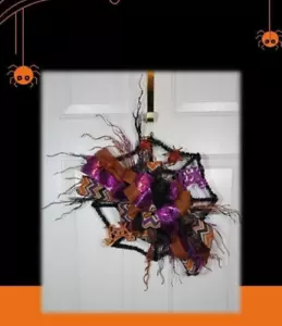 Halloween EEK Spider Web Wreath, Halloween Decor, Orange Black Purple Glittered - Picture 1 of 11