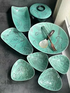 Raro set insalata marina vintage Roselane ceramica smaltata turchese delfino made in USA - Foto 1 di 14