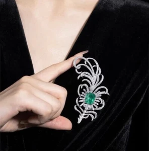 4CT Emerald Lab Created Green Emerald/Diamond Women Brooch 14K White Gold Finish - Picture 1 of 3