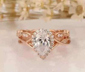 2.50 Ct Pear Cut Real Moissanite Bridal Engagement Ring set 14K Rose Gold Plated - Picture 1 of 9