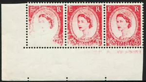 "2⁄2d SG 544 1955 dramático ""impresión seca"" variedad en tira esquina de tres U/M (al... - Imagen 1 de 1