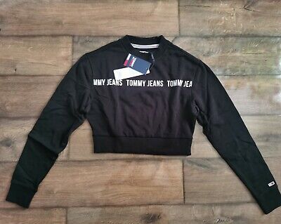 Tommy Jeans Regular Crop Tape Crew Sweatshirt Black Women's UK Size XS BRAND NEW • 37.70€