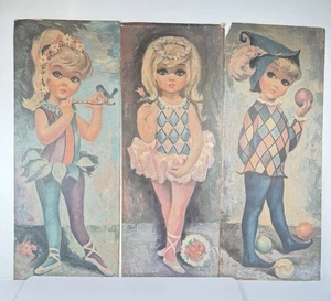 VTG 60s Set Of 3 Goji Harlequin Big Eyes Art Prints Kitsch Panels 15x6 Unframed - Picture 1 of 13