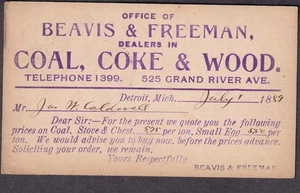 1889 Postkarte Beavis & Freeman Kohlekoks & Holzhändler Detroit / Preise - Bild 1 von 2