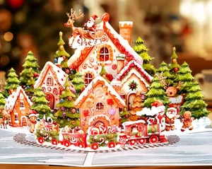 3D POPUP CARD-Gingerbread House with Santa, Snowman, Christmas Tree, Winter Fest - Picture 1 of 7
