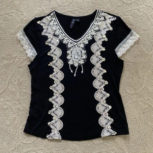 AZI Jeans donna grande boho top nero ricamo perline pizzo frange smerlato - Foto 1 di 9