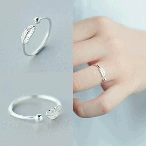 Silver Adjustable Jewelry Finger Feather Wedding Band Sterling Open Ring Thumb - Picture 1 of 8
