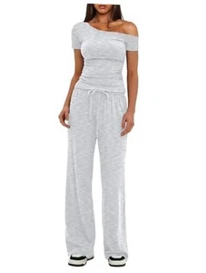 Women's 2 Piece Outfits Lounge Sets Off Shoulder Short Sleeve Tops and High - Picture 1 of 6