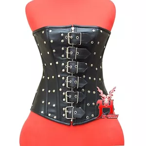 Corsetto petto intero nero pelle corsetto gotico overbust pelle corsetti zip Hi53 - Foto 1 di 10