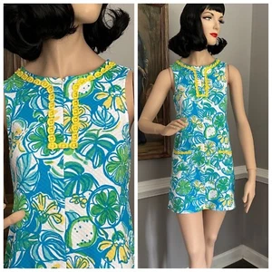 Lilly Pulitzer Girls Shift Dress Blue Green Floral Yellow Trim Size XL 12/14 - Picture 1 of 7