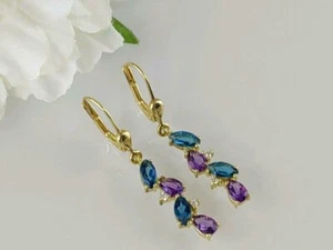 Tolle Goldohrhänger 333 *NEU* London Blue, Amethyst, Diamant - Picture 1 of 12