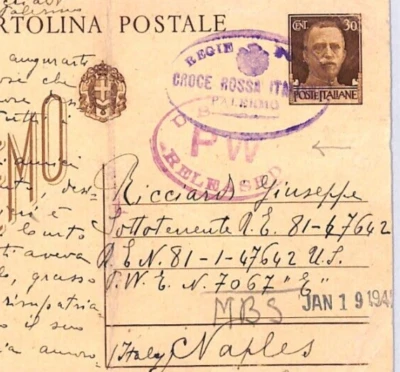 ITALY WW2 Stationery Card 1945 *USA POW* MAIL RED CROSS Censor Naples YT12 - Image 1 of 4
