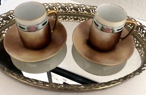 SET 4 Vtg BAVARIA Demitasse TEA Cups Saucer Porcelain HandPainted Brown Floral 1