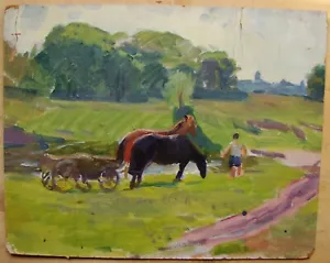 Ukrainische sowjetische UdSSR Ölgemälde Impressionismus Landschaftswagen Pferde Dorf - Bild 1 von 3