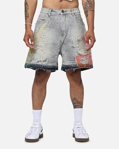 Lifted Anchors Men's Maria Boro Distressed Rip & Repair Patchwork Denim Shorts - Picture 1 of 9