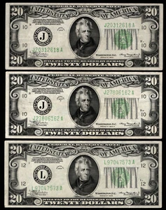 LOT of 3 1934 $20 FEDERAL RESERVE NOTES San Francisco & Kansas City (GE) - Picture 1 of 3