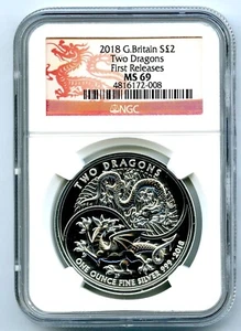 2018 2PD GREAT BRITAIN 1OZ SILVER TWO DRAGONS NGC MS69 RARE FIRST RELEASES - Picture 1 of 2