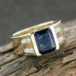 2Ct Emerald Cut Lab Created Blue Sapphire Men Ring 14K Yellow Gold Plated Silver - Picture 1 of 7