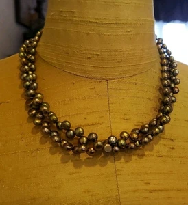 VINTAGE DOPPELSTRANGIGE GRÜNE KNOPF SÜSSWASSER PERLENKETTE MIT KNEBEL - Bild 1 von 7