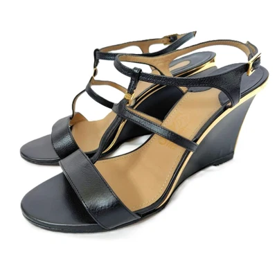 Sandalias de cuña Ferragamo de cuero con tiras en T en negro [talla 5,5 C/VG] LTD de JAPÓN Foto 1 de 4