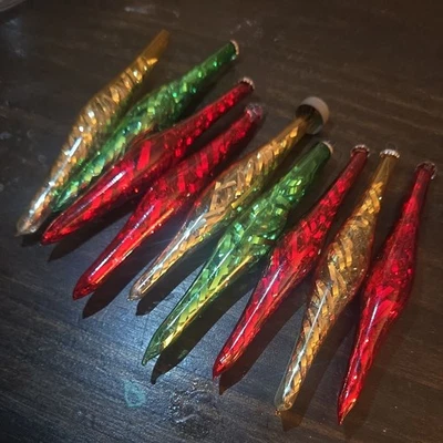 Oropel interior vintage de 9 oropel de vidrio soplado sin plata verde rojo dorado Foto 1 de 4