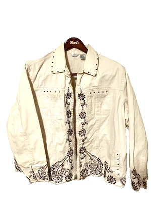 女式米色 Laura Ashley 3x 夹克镶嵌细节二手状况完好 — 第 1/4 张图片