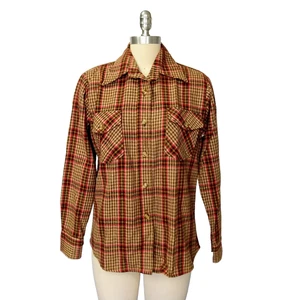 Vintage 70s Plaid Camp Shirt Size S M Women's Wool Blend Pockets Dagger Collar - Picture 1 of 8